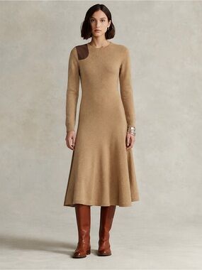Ralph Lauren 100% Cashmere Leather Shoulder Patch Sweater Dress Quiet Luxury | S